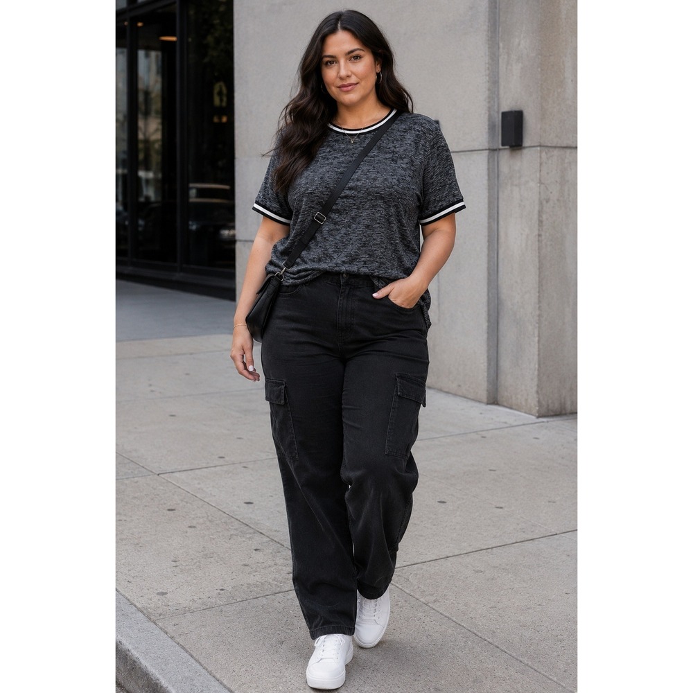 Ava & Viv 1X‎ Charcoal Gray Space Dye Ringer Tee Plus Size Short Sleeve Top